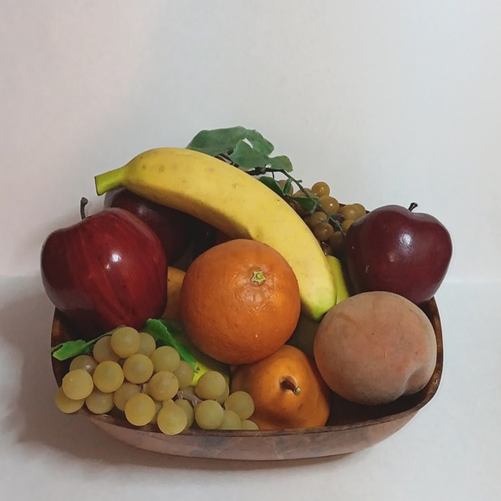 Vtg Artificial fruit, faux wooden bowl 16pc